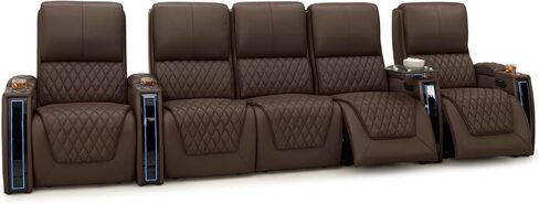 Seatcraft Apex Home Theater Seating - Living Room - Italian Leather - Power Recliner - Power Headrests & Lumbar - LED Armrests - SoundShaker - USB Charging - Cup Holders (Row of 2, Brown) in Kuwait