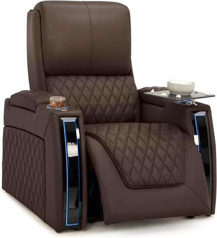 مقاعد المسرح المنزلي في قمة SETCRAFT - غرفة المعيشة - الجلود الإيطالية - كرسي الطاقة - مساند الطاقة والقطني - LED ARMSTS - Soundshaker - USB Charging - حاملات الكأس (صف من 2 ، براون) in Kuwait