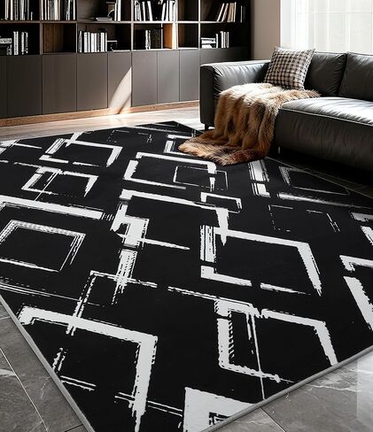 yihouse سجادة منطقة مجردة حديثة، سجادة باللونين الأسود والأبيض، سجادة مخططة ذات موجة رفيعة، سجادة منطقة قابلة للغسل لغرفة الطعام، المكتب، غرفة المعيشة، غرفة النوم، المطبخ (6x9) in Kuwait