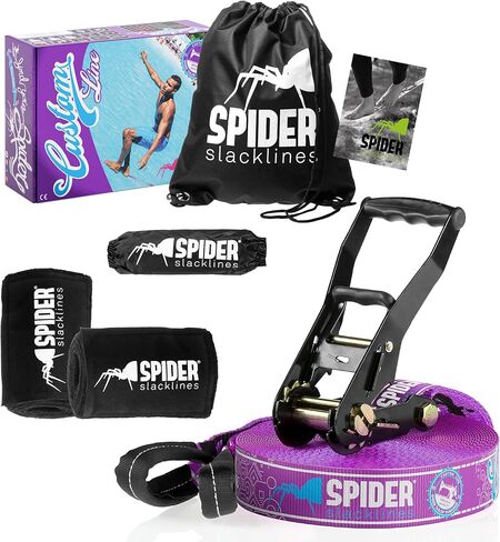Spider Slacklines - طقم Slackline مخصص لـ Slackliners من ذوي الخبرة أو لأول مرة مع موازنة - مجموعة كاملة من طول الحزام 25 مترًا مع 2x Ratchets in Saudi Arabia