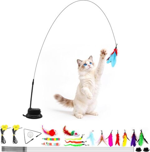 Interactive Bird Simulation Cat Feather Toy Set Cat Retractable Wand Toys Suction Cups Base,Include Detachable 7 Pcs Replacements Feathers Toys in Saudi Arabia