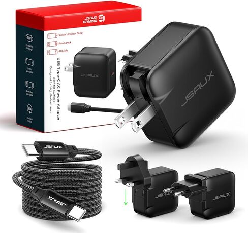 JSaux 65W USB C Charger لـ Nintendo Switch 2 ، ROG Ally ، Steam Deck ، أقراص ، أجهزة الكمبيوتر المحمولة ، Samsung Galaxy ، Pixel ، 65 واط PD Wall Charger مع 6.6 قدم USB C إلى C Cable ، EU & UK Plug in Kuwait