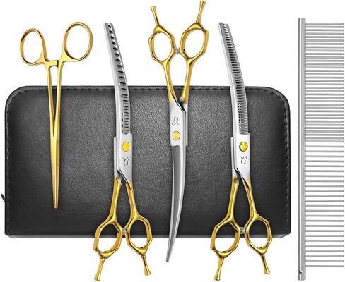 Dog Grooming Scissors Set, Professional 4 in 1 Dog Shears Set,Chunker Scissers,Curved Scissors,Thinning Shears and Comb for Cat Pet with Left Handed Deg Curved Shear in Kuwait
