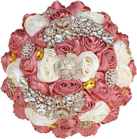 7.1" Handmade Satin Rose Bridal Bouquet Toss Round Wedding Bouquet Throw Toss Artificial Flower Bunch Pale Gold in Saudi Arabia
