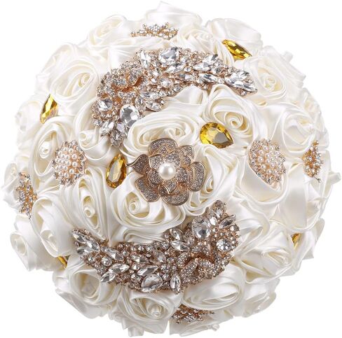 7.1" Handmade Satin Rose Bridal Bouquet Toss Round Wedding Bouquet Throw Toss Artificial Flower Bunch Pale Gold in Saudi Arabia