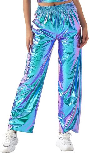 Womens Drawstring Cargo High Waist Jogger Pants Sexy Metallic Sparkly Wide Leg Pants Trousers Clubwear in Saudi Arabia