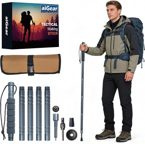 Aigear تكتيكي المشي لمسافات طويلة الموظفين - أعمدة الرحلات في الهواء الطلق عصا المشي لمسافات طويلة التكتيكية للبقاء على قيد الحياة التخييم التنزه in Kuwait