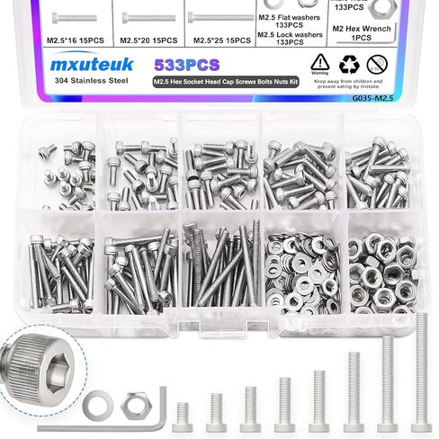 MxUteuk 500pcs طقم صغير للمكسرات والبراغي ، M2 M2.5 M3 M4 M5 متري براغي ، 304 من الفولاذ المقاوم للصدأ الترباس والجوز لمشاريع DIY ، والالكترونيات ، والإصلاحات in Kuwait