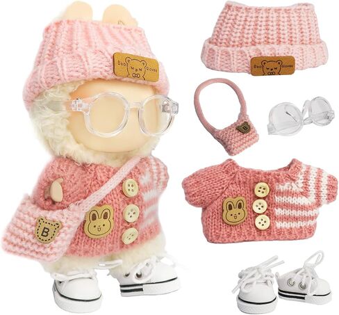 Cloth for 15cm ＆ 17cm Doll,5-Piece Handcrafted Crochet Clothes Outfit(NO Doll) - Light Pink Clothes + Light Pink Bear-Shaped Velvet hat + Glasses + Shoulder Bag + White Canvas Shoes in Saudi Arabia