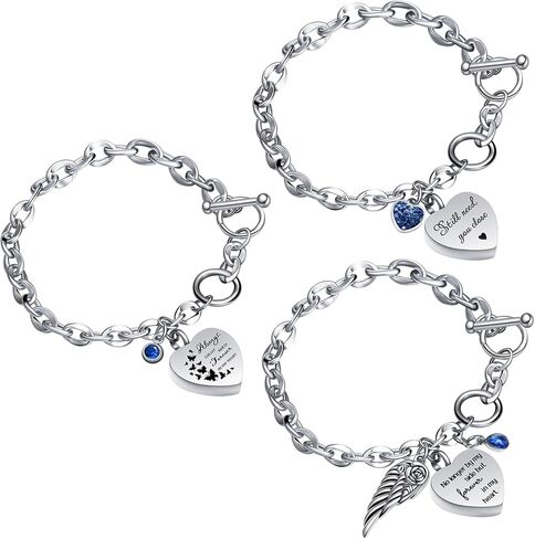 3 Pack Urn Bracelet for Ashes Cremation Ashes Bracelet Memorial Rhinestones Jewelry Heart Locket Holder with Different Words Stainless Steel Urns Bangle Keepsake for Women Men in Saudi Arabia
