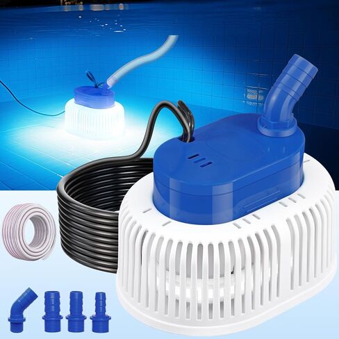 Pool Cover Pump with Lights,2025 Above Ground Sump Pump Submersible, Sump Pumps for Pool Draining, Swimming Water Removal Pumps with 16ft Drainage Hose & 25 ft Extra Long Power Cord,850 GPH,4 Adapters in Kuwait