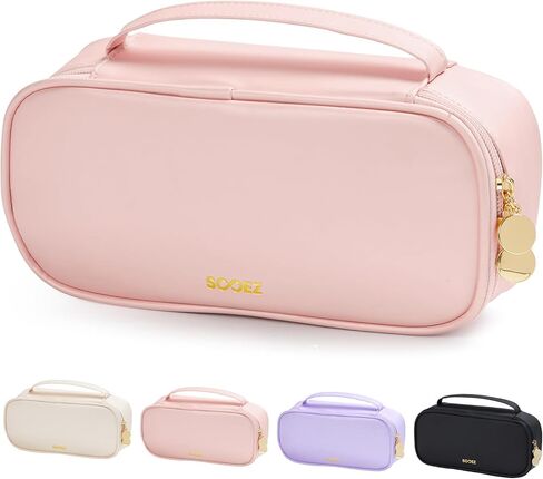 Sooez PU Pencil Case, High Capacity Pencil Bag, Aesthetic Pen Pouch with zipper, 3 Compartment Pen Bag Wide Opening, Portable Stationery Storage and Organizer, School Supplies for Teen, Pink in Saudi Arabia