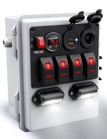 12V Rocker Switch Waterproof Box 5 Gang LED Toggle Switch Panel Multiple Electrical Power Outlet Ports with Breaker LED Voltmeter Battery Disconnect Switch for Automotive Marine RV Truck Boat in Kuwait
