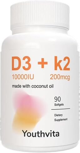 2-in-1 Vitamin D3 K2 Supplement Softgel with Coconut Oil, D3 10000 IU Plus K2 (MK-7) 200 mcg, Supports Calcium Absorption, Bone, Immune, & Heart Health, 180 Count Softgels in Saudi Arabia