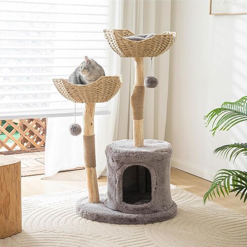 Modern Cat Tree for Indoor Cats Large Adult, 46" Tall Wooden Cat Tower for Large Cats with Scratching Post, Luxury Cat Condo, White in Saudi Arabia