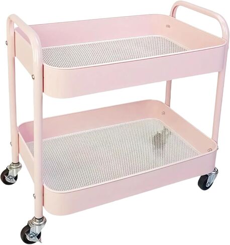 3 Tier Pink Rolling Cart for Nursery & Laundry Room with Handle & 4 Hooks, Metal Kitchen Storage Cart on Wheels and Lockable Casters, Large Capacity Sturdy Trolley for Lash Craft Bathroom in Saudi Arabia