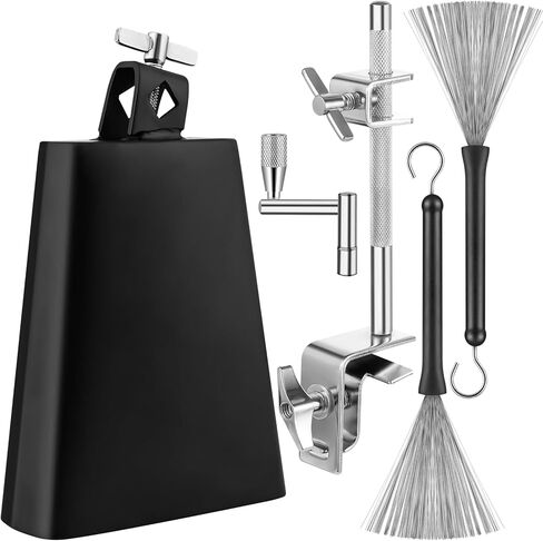 7 Inch Cowbell with L-Rod Cowbells Clamp for Drum Set, Heavy Duty Metal Cowbell, Adjustable L-Rod Cowbells Mount Bracket, Percussion Instrument Accessory, for Sports, Bands, Includes Drum Stick in Kuwait