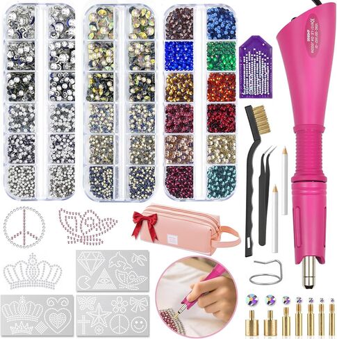 Hotfix Rhinestones Appludator Kit Set 4500 PCS Crystals (White/AB/Multi -Color) - Bedazzler DIY Craft تشمل 19 قالبًا ، ملاقطًا ، فرشاة التنظيف ، كيس التخزين - للملابس ، النسيج ، الجينز in Kuwait