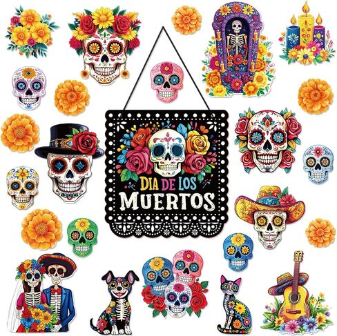Day of The Dead Decorations - DIY Sugar Skull Cutouts Day of The Dead Sign Day of The Dead Colorful Sugar Skull Cutouts Halloween Party Supplies, 25 Piece Set in Saudi Arabia