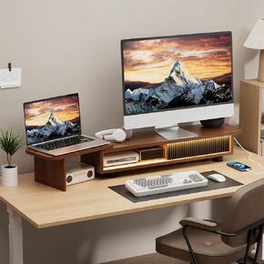 Artswish Dual Monitor Riser with Power Outlet, 42 Inch Wood Monitor Stand for 2 Monitors with Drawer Storage, Computer Monitor Stand Riser with Adjustable Feet, Double Monitor Stand Desk Shelf, Walnut in Kuwait