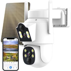 Solar Security Cameras Wireless Outdoor,Dual Lens PTZ 350° View 6MP PIR Motion Detection Security Camera Outside with Color Night Vision 2-Way Audio, 2.4G WiFi, IP66 No Monthly Fee, Not Work with NVR in Kuwait