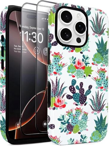 J.west Compatible with iPhone 16 Pro Case 6.3 inch with 2 Pack Tempered Glass Screen Protectors Vintage Animal Tortoiseshell 2in1 Hybrid Cover for Women Protective Phone Cases Brown in Saudi Arabia