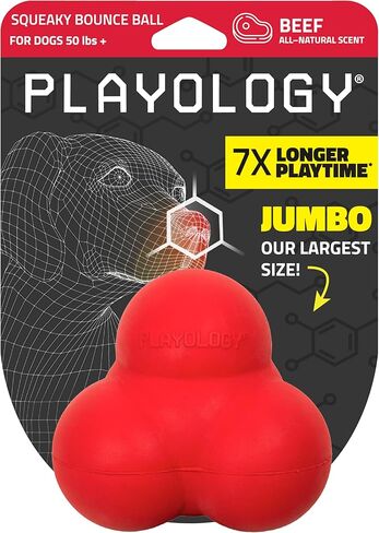 Playology Dog Toys | Squeaky Bounce Ball for Dogs - Bounces in Unpredictable Ways | Jumbo Beef Scented Toy - Easy to Clean and Made from Non Toxic Materials in Saudi Arabia