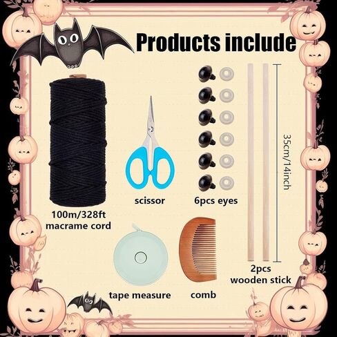 Infunly DIY Black Angel Macrame Wreath Kit Skull Macrame Hanging Ornament للمبتدئين Halloween Boho Wall Tapestry مع تعليمات جمجمة سوداء حرف الزهور لمستلزمات الزخرفة الفنية للحفلات in Saudi Arabia