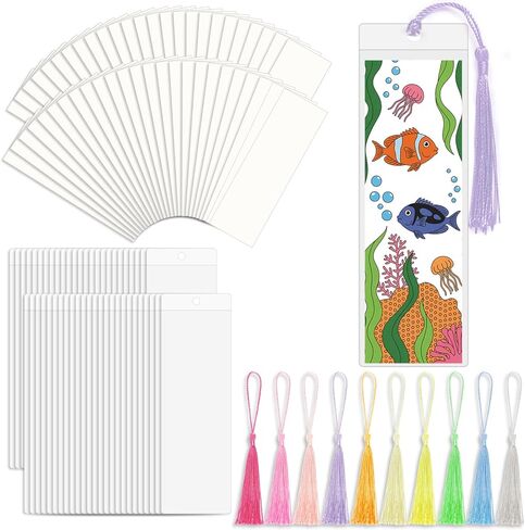 50 Sets Bookmark Making Kit, with 50 Clear Bookmark Sleeves, 50 Colorful Tassels, 60 Kraft Paper Blank Bookmarks, DIY Bookmarks for Party, Decoration, Teaching or Record Reading Experience in Saudi Arabia
