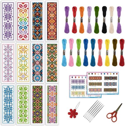 infunly 12pcs زهرة كروس مجموعة الإشارة الإشارة إلى المبتدئين DIY Wildflowers ختم التطريز مرجعية مجموعة أدوات الإبرة الزهرية مع مصنع التعليمات سهلة المتقاطع مجموعة غرزة لمحبي الكتب in Saudi Arabia