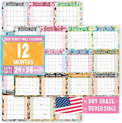 Hadley Designs Yearly Wall Calendar 2026 Large - 12 Month Dry Erase Calendar for Wall, Double-Sided, Reversible, Erasable, Reusable, Full Year Long Annual Planner - Doodle Colorful in Saudi Arabia