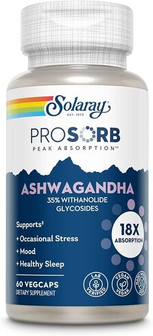كبسولات SOLARAY Ashwagandha امتصاص 18X - مستخلص جذر وأوراق أشواغاندا 240 مجم - تخفيف التوتر العرضي، مكملات دعم النوم والمزاج - نباتي، ضمان 60 يومًا - 30 وجبة، 30 كبسولة نباتية in Kuwait