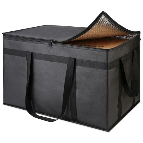 حقيبة توصيل الطعام المعزولة XXXL - أكياس بقالة برودة حرارية قابلة لإعادة الاستخدام لتموين Doordash ، حاملة البيتزا ، الأحداث ، تحافظ على الطعام البارد/الساخن متجمدًا أو أكثر دفئًا للسفر/التسوق ، التجاري (الأسود ، 1pk) in Kuwait