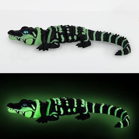 3D Printed Articulated Crocodile - Opening Mouth and Glass Eyes - Flexible Joint Animal Models - Surprise Gifts for Fidget Enthusiasts - Made from PLA - Black and White in Saudi Arabia