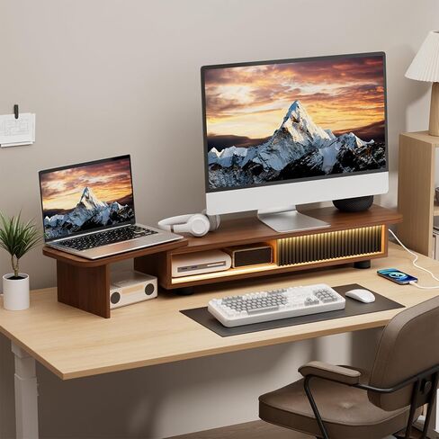 Artswish Dual Monitor Riser with Power Outlet, 42 Inch Wood Monitor Stand for 2 Monitors with Drawer Storage, Computer Monitor Stand Riser with Adjustable Feet, Double Monitor Stand Desk Shelf, Walnut in Kuwait