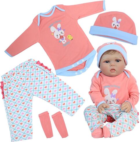 SCOM Reborn Baby Baby Doll Cloths - 20 و 22 و 24 بوصة 4 PCS Doll Outfit Pink ، واقعية للأطفال أرنب مجموعة ، ودمى حديثي الولادة Girl Onesies Gift in Saudi Arabia
