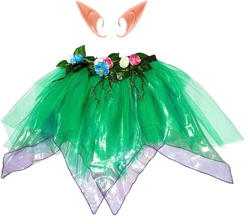 TWINKLEDE Women's Fairy Outfit Costume Floral Elf Tulle Tutu Skirt Forest Princess 3D Floral Bra Tops and Elf Ears in Saudi Arabia