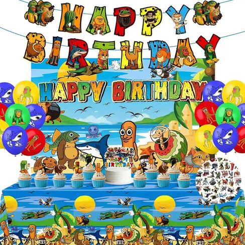 146 Pcs Birthday Party Decoration Set - 24 Cake Toppers, 18 Balloons, 1 Happy Birthday Banner, 1 Happy Birthday Back Ground Cloth, 100 Stickers, 1 Large Cake Topper, 1 Table Cloth in Kuwait