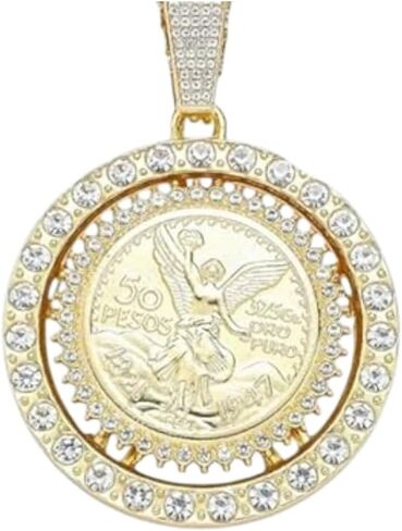 14K Gold Plated 50 Mexican Peso Coin Pendant – 14K Gold Plated Religious Jewelry – Hip Hop Unisex Necklace Charm – Mexican Souvenir Brass Accessory for Men and Women – Aztec Calendar Style Design in Saudi Arabia