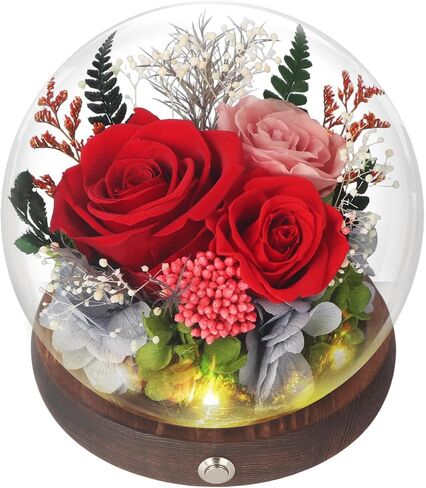 Unique Preserved Flowers Bouquet Gifts for Women, Real Forever Rose in Glass Dome with LED Light, for Birthday, Valentine's, Mother's Day, Christmas Day, Get Well, Home Décor in Saudi Arabia