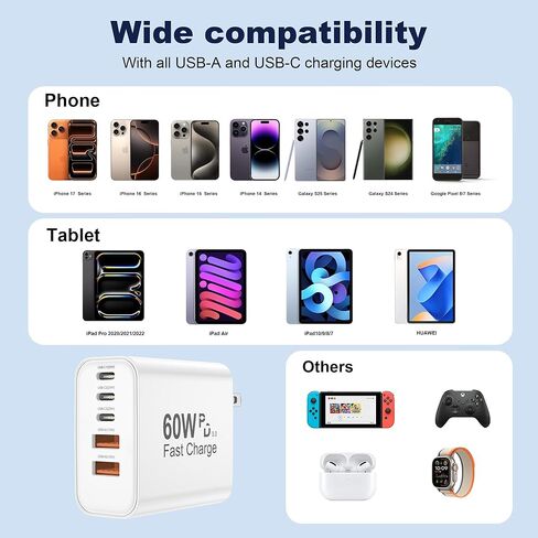 USB C Charger Block, 5 in 1 60W Charging Blocks, PD 3.0 25W Single Max Fast Charger, QC 2A USB Wall Charger for iPhone 16 15 14 13 12 11 Pro Max, iPad, iPod, Samsung, AirPods Pro, Apple Watch Series in Saudi Arabia