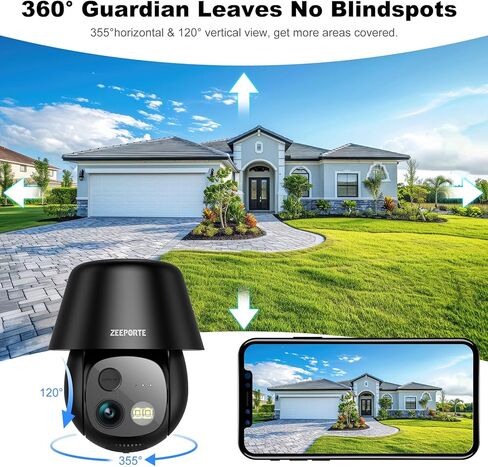 كاميرات أمان الطاقة الشمسية لاسلكية في الهواء الطلق ، 2K 360 ° عرض كاميرات WiFi تعمل بالبطارية للأمن المنزلي مع اكتشاف حركة الذكاء الاصطناعي ، الرؤية الليلية الملونة ، الأضواء ، صفارات الإنذار ، مقاومة للماء in Kuwait
