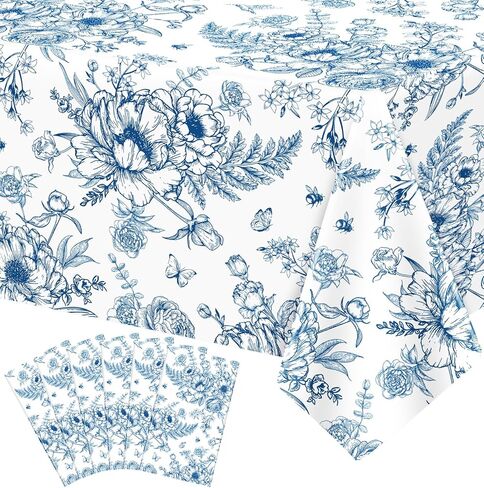 4 Pcs Blue Floral Plastic Tablecloth Vintage Flower Tablecloth Blue and White Floral Table Cloth Wildflower Vintage Rectangle Table Cover Spring Party Decorations Wedding Tea Party Decor 86 x 51 Inch in Kuwait