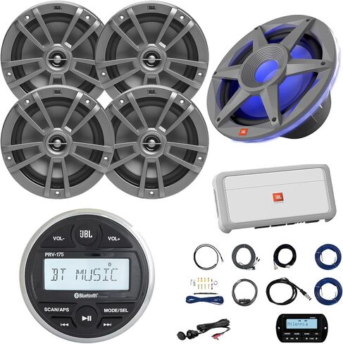 JBL PRV-175 Marine Gauge Hole Mount USB Bluetooth AM/FM مستقبل ، عن بُعد ، كابل تمديد ، مكبر للصوت ، مجموعة ، سلك ، محول USB ، هوائي ، 10 "مضخم صوت ، مكبرات صوت صوتية قارب 4x 6.5" 180 واط (أبيض) in Saudi Arabia