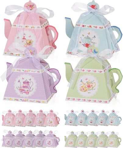 Liobelon 24 PCS Floral Tea Party Favor Gift Boxes Teapot Candy Boxes Vintage Flower Treat Boxes Mini Teapot Favor Boxes with Ribbon for Tea Garden Wedding Bridal Birthday Baby Shower Party Supplies in Saudi Arabia