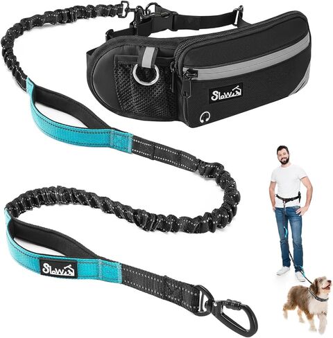Slowton Hands Free Dog Leash - مع حقيبة سستة قابلة للإزالة ، بونجي لامتصاص الصدمات ، مقبض مزدوج وغرز عاكسة ، مقود خصري قابل للتعديل على نطاق واسع للكلاب يمشي (L ، لكلب واحد) in Kuwait