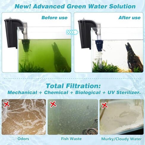 Hang on Back Aquarium Power Filter w/Detachable U-V Light Canister & Surface Skimmer 158GPH for 10-40 Gal. Fish Tank 4-Stage Deodorization Keep Saltwater Freshwater Crystal Clear Green Clean Machine in Saudi Arabia