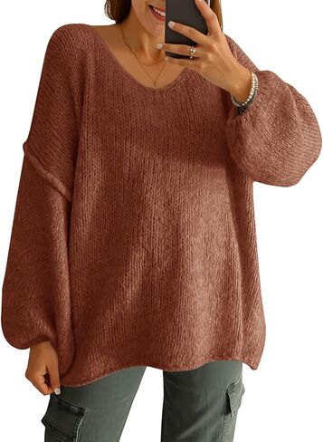 Saodimallsu Womens Oversized V Neck Sweaters Chunky Knit Lantern Long Sleeve Fall Winter Slouchy Tunic Sweater Tops in Saudi Arabia