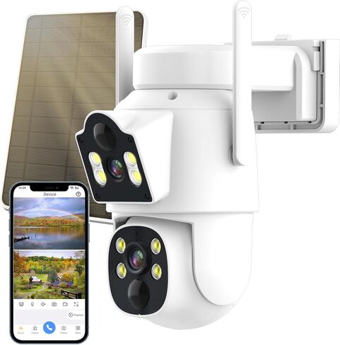 كاميرات أمان الطاقة الشمسية اللاسلكية في الهواء الطلق ، عدسة مزدوجة PTZ 350 ° عرض 6MP PIR Detection Security Camera Outsid in Kuwait