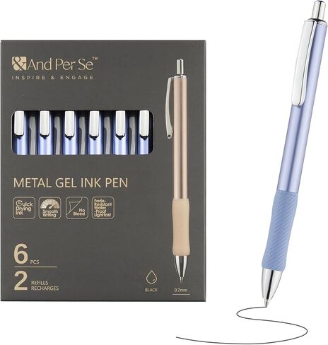 &And Per Se Metal Gel Pens, 6 Pcs 0.7mm Black Ink Pens, Medium Point Smooth Writing Pens, with 2 Extra Refills (Champagne Metal Barrel-Set) in Kuwait